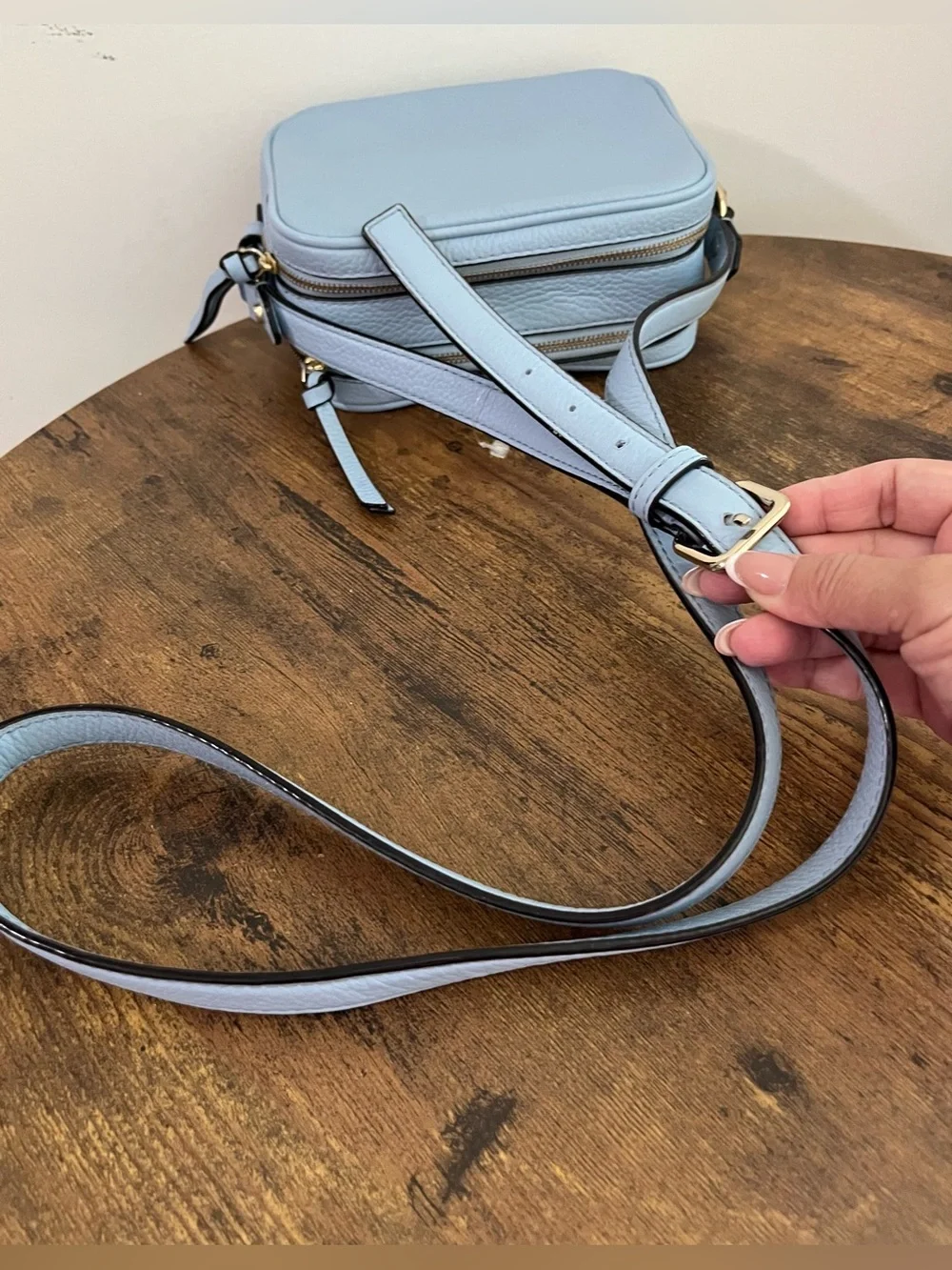Kate Spade New York Light Blue Pebbled Leather Camera Crossbody Bag